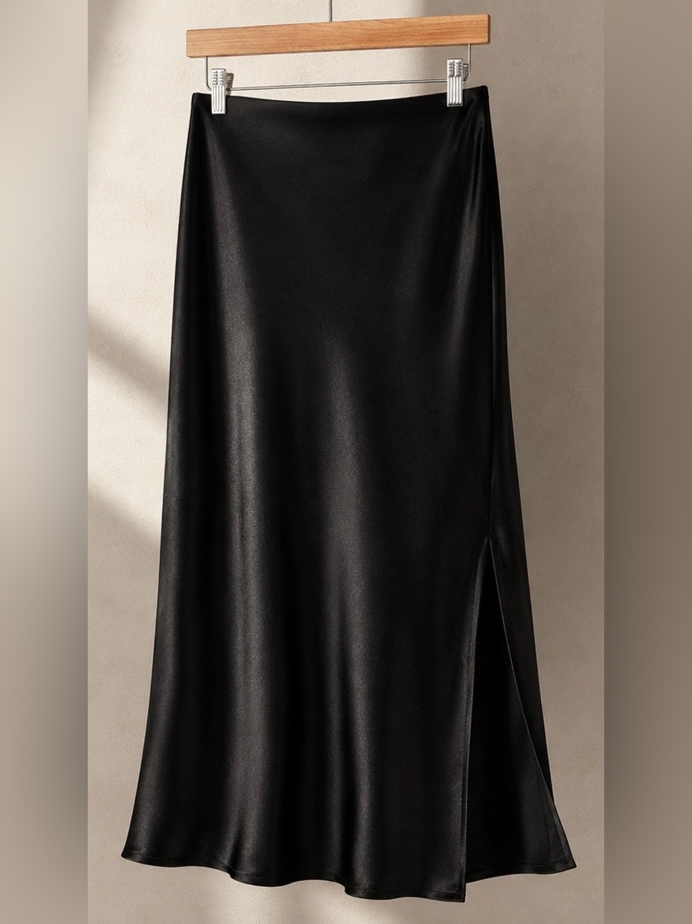 LILYSILK Black 100% Mulberry Silk Bias Cut Midi Skirt Side Slit Size 4 - Picture 2 of 15